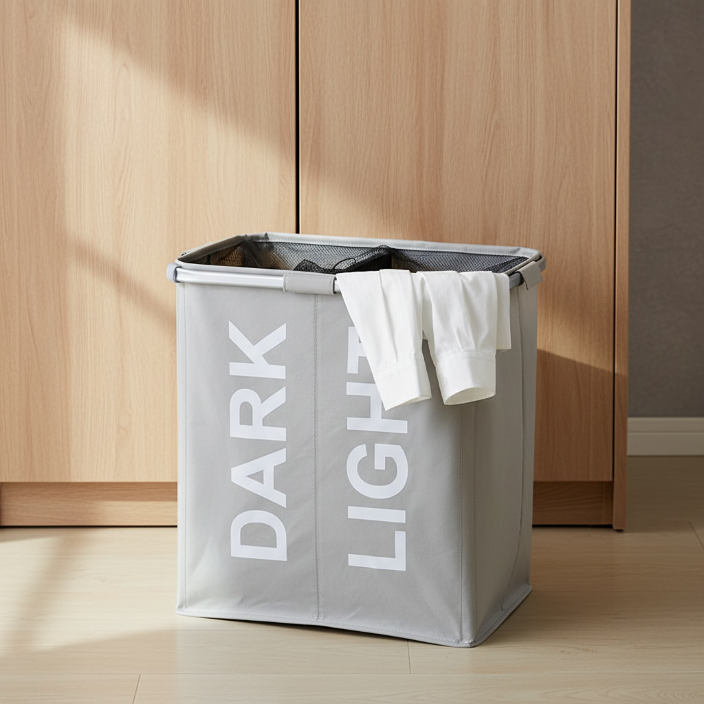 Light gray Oxford fabric dual-compartment laundry hamper with white "DARK" and "LIGHT" labels, aluminum frame, and black mesh inner lining, with white clothing draped over the right side, placed on light wood flooring against a light oak wardrobe door with natural sunlight casting soft shadows, creating a clean and minimalist aesthetic.