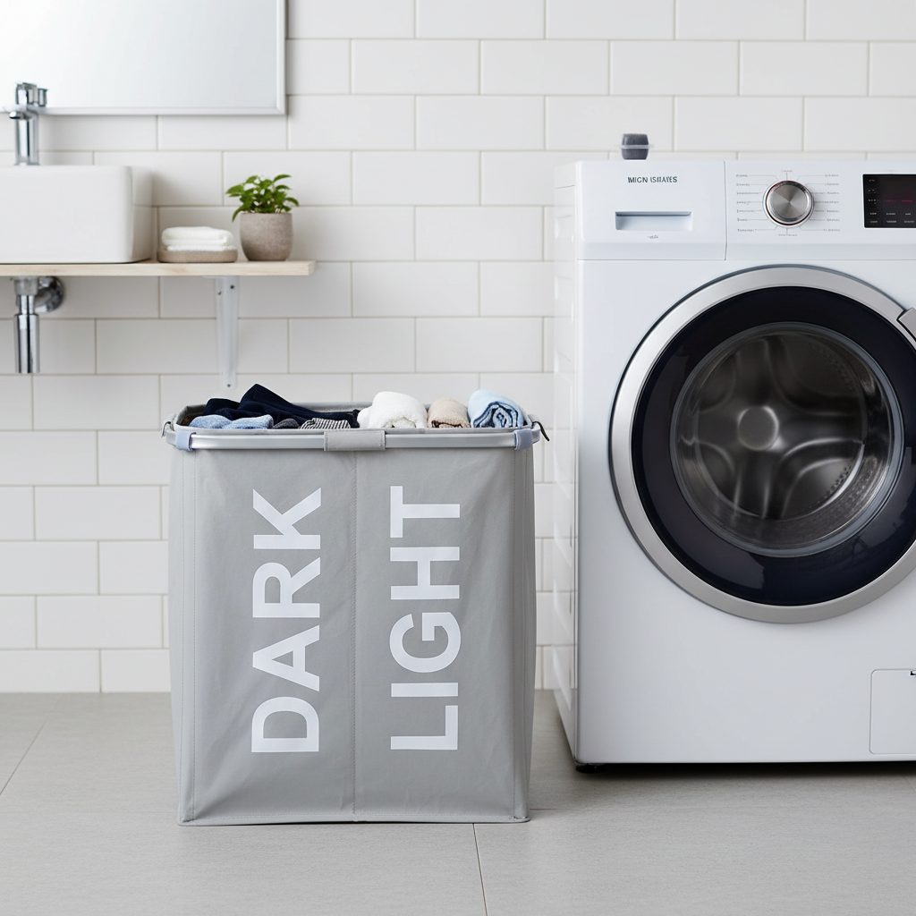 Light gray Oxford fabric dual-compartment laundry hamper with white "DARK" and "LIGHT" labels and aluminum frame, filled with dark clothing and socks on the left and light-colored towels and striped garments on the right, placed on white tile flooring in a laundry room beside a white front-load washing machine, with white subway tile walls, a wall-mounted sink, wooden shelf, and potted green plant in the background.