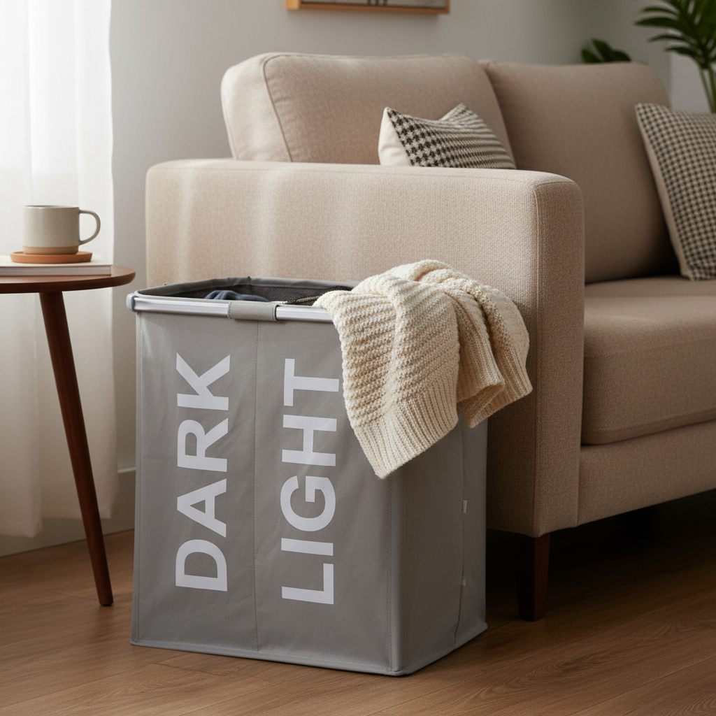 Light gray Oxford fabric dual-compartment laundry hamper with white "DARK" and "LIGHT" labels and aluminum frame, with a cream chunky knit sweater draped over the right side, placed on light wood flooring in a living room beside a beige upholstered sofa with black and white houndstooth pillows, a dark walnut mid-century round side table holding a white ceramic mug on the left, and sheer white curtains with green foliage in the background.