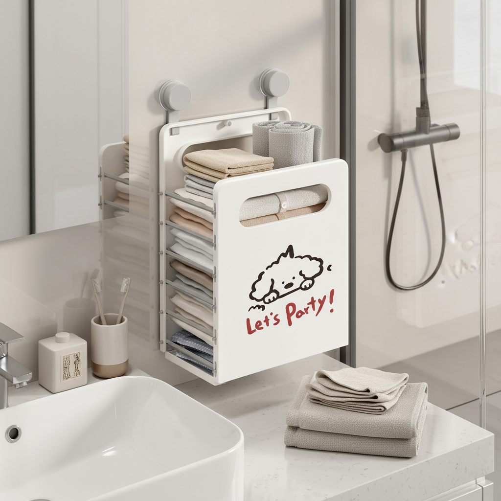 Wall-mounted foldable towel and clothes organizer in open position in a modern bathroom, with multiple shelves holding neatly folded towels and clothes, featuring a cute dog 'Let's Party!' print design.