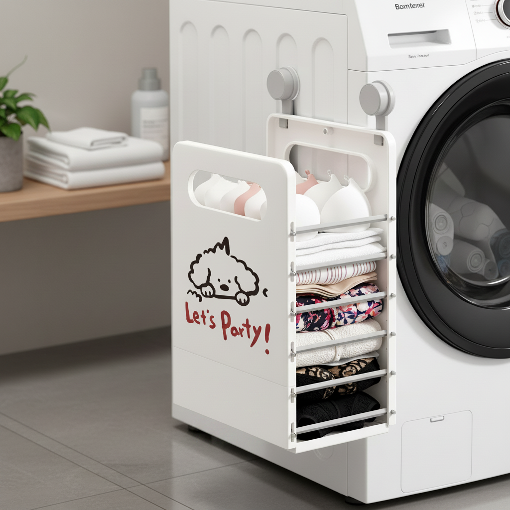 Wall-mounted foldable clothes organizer in open position next to a washing machine, with multiple shelves neatly holding folded laundry, clothes, and undergarments, featuring a cute dog 'Let's Party!' print.
