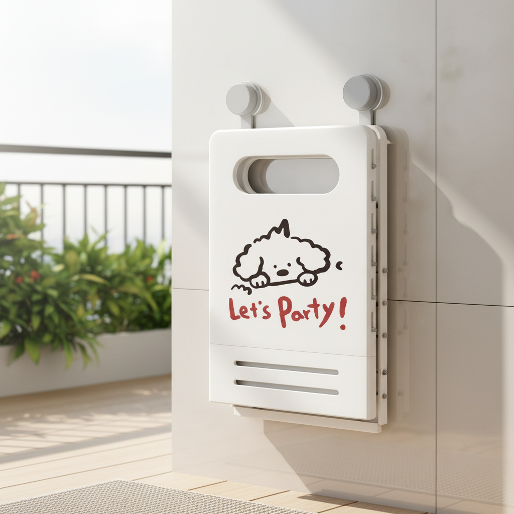 White wall-mounted foldable storage organizer in closed position, attached to an outdoor wall with suction cups, featuring a cute dog 'Let's Party!' print design.