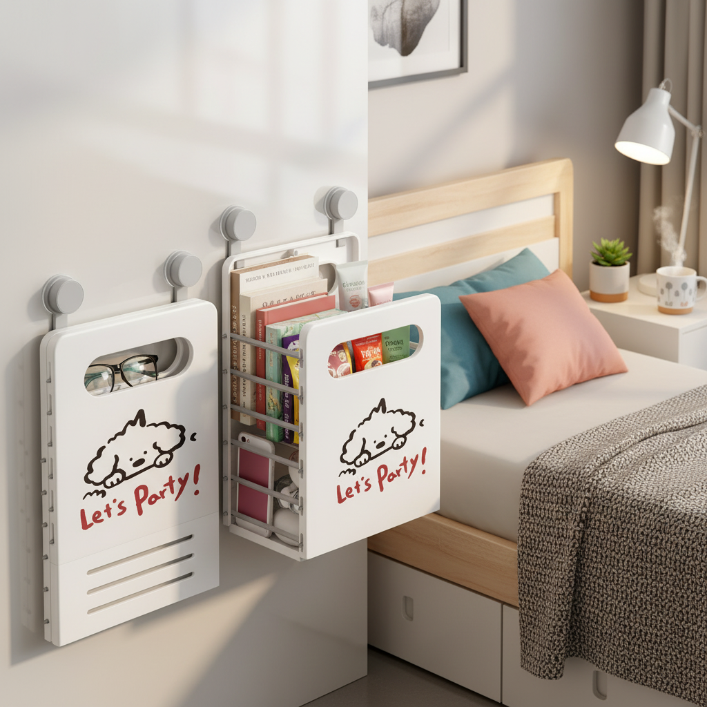 Wall-mounted foldable storage organizer with suction cups, shown open beside a bed holding books, snacks, and small accessories, featuring a cute dog 'Let's Party!' print design.