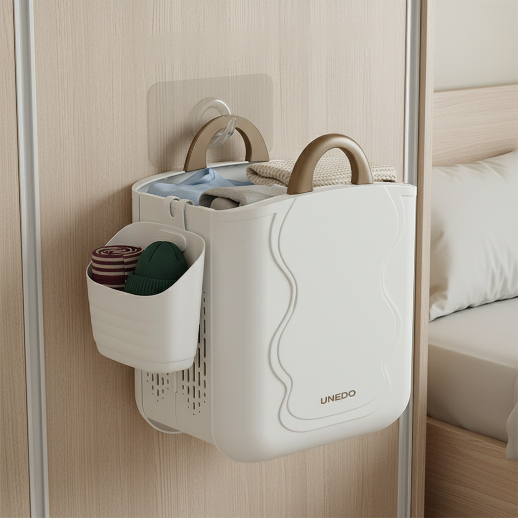 NEDO wall-mounted foldable laundry basket hung on a bedroom wardrobe door using adhesive hooks, with side caddy holding small accessories, and clothes stored inside.