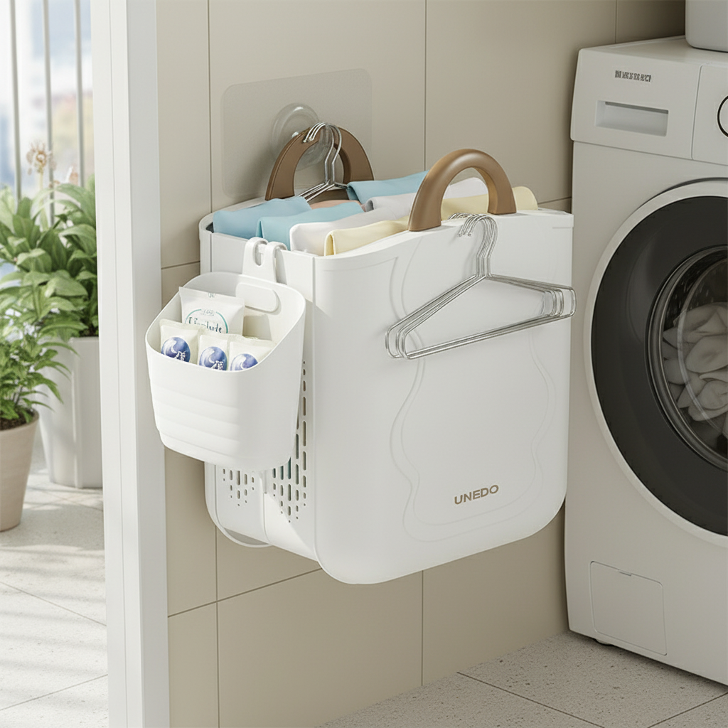 Wall-mounted UNEDO foldable laundry basket in open position next to a washing machine, with a side storage caddy holding laundry pods, clothes hangers on the front bar, and folded laundry inside.