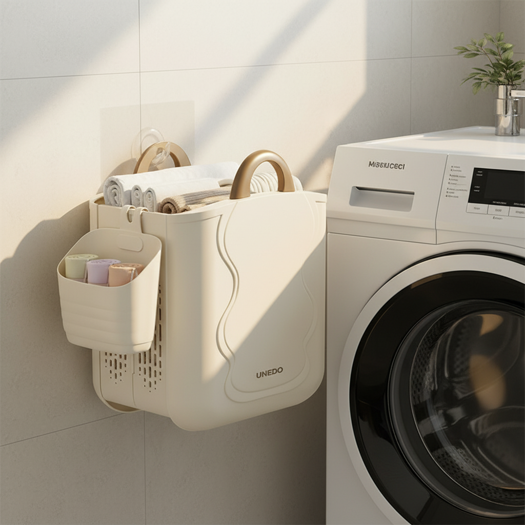 UNEDO wall-mounted foldable laundry basket in a bright laundry room next to a washing machine, filled with rolled towels, with side caddy holding colorful folded cloths.