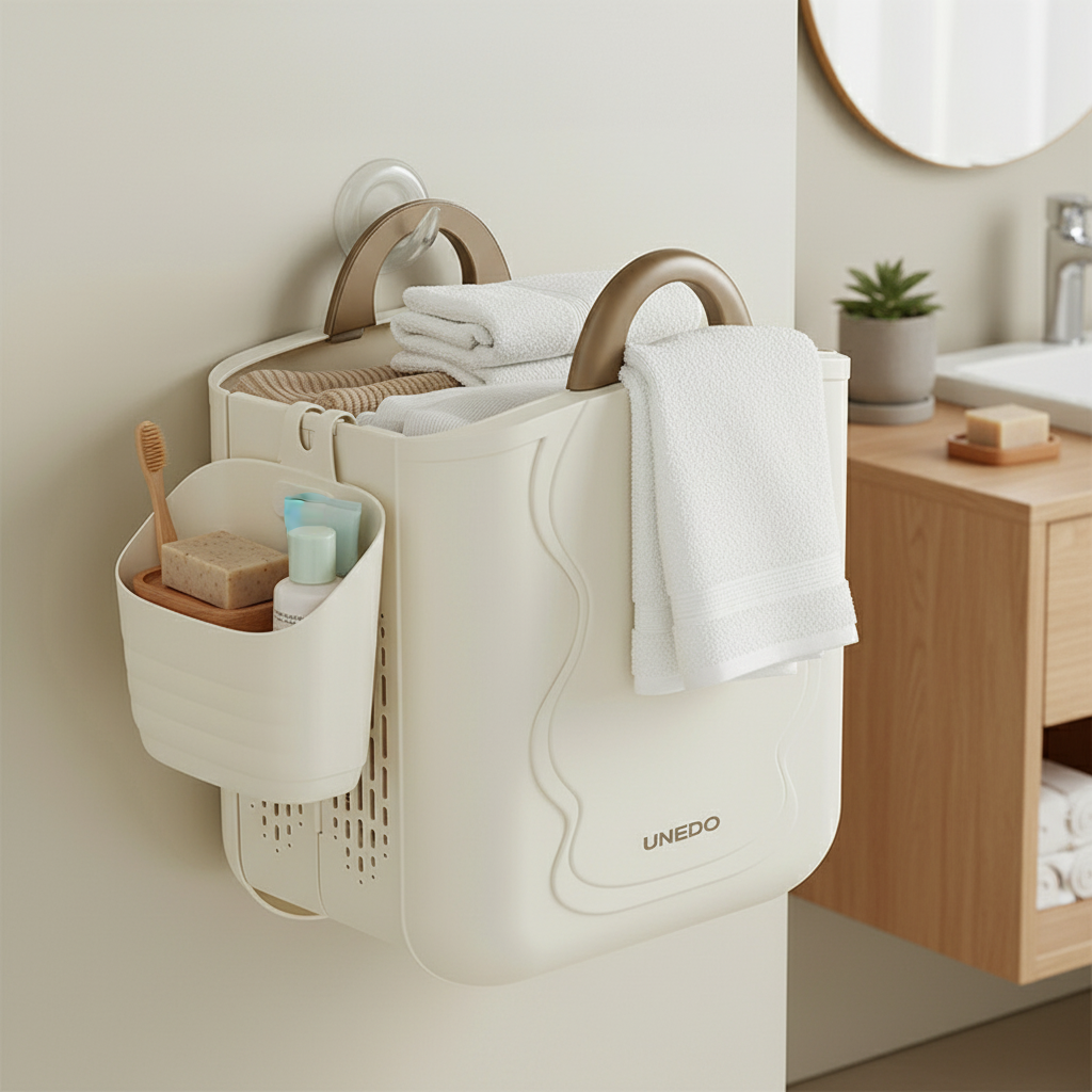 UNEDO wall-mounted foldable basket in a modern bathroom, holding folded towels inside, with a white towel draped over the handle bar and side caddy storing a toothbrush, soap, and skincare items.