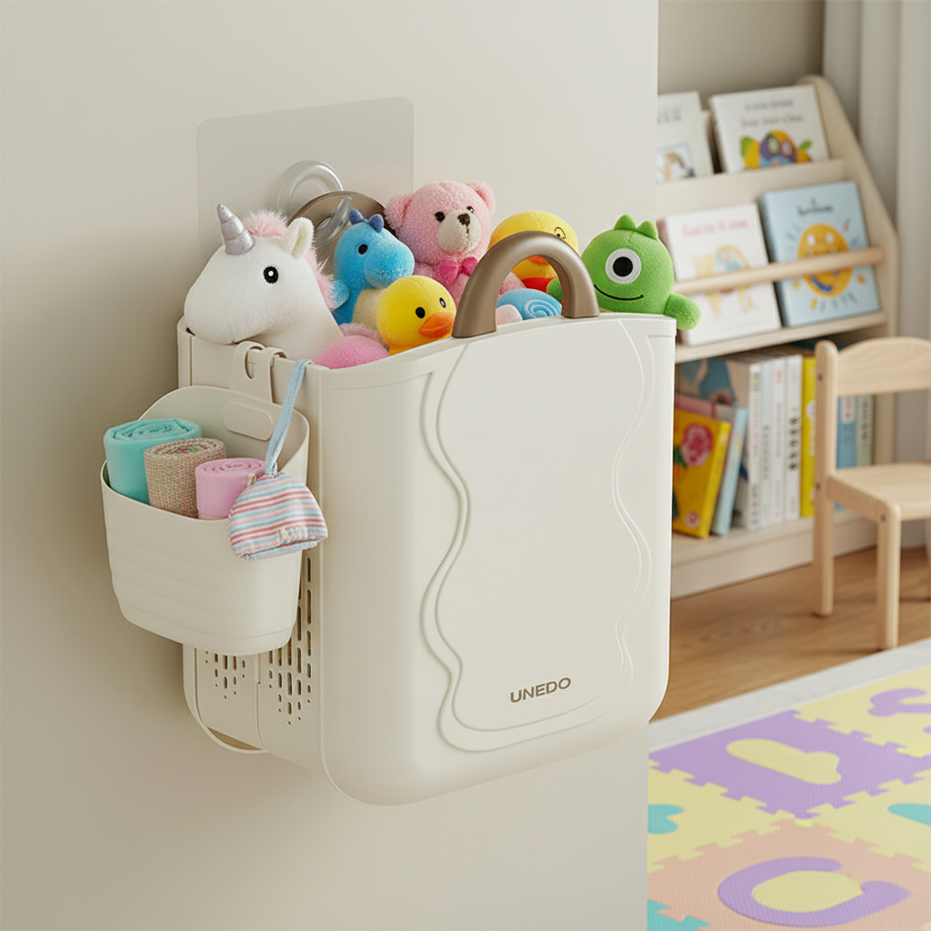 UNEDO wall-mounted foldable storage basket in a child's playroom, filled with colorful stuffed animals and toys, with side caddy holding rolled blankets and small items.