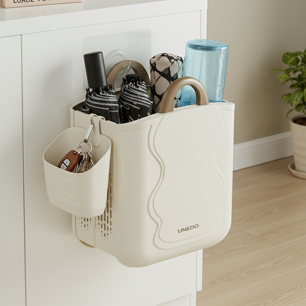 UNEDO wall-mounted foldable storage basket used as an entryway organizer, holding folded umbrellas and a water bottle, with side caddy storing car keys, mounted on a white cabinet.