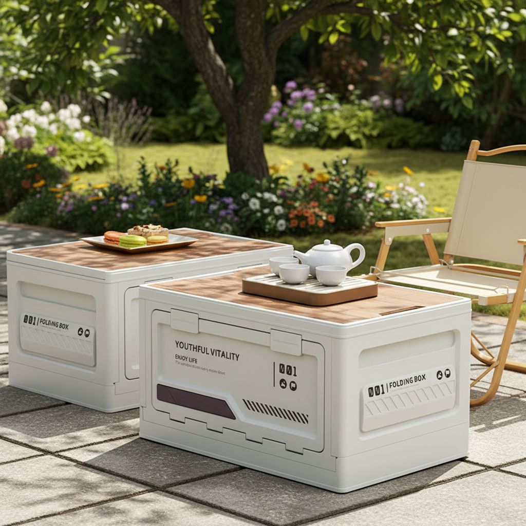 Two white foldable storage boxes (YOUTHFUL VITALITY FOLDING BOX) with wooden board tops arranged as outdoor tables on a stone patio. The front box holds a white ceramic tea set with teapot and cups on a wooden tray, while the back box displays colorful macarons and pastries on a wooden plate. A beige folding chair is visible on the right, with a lush garden backdrop featuring blooming flowers and a shady tree in warm sunlight.