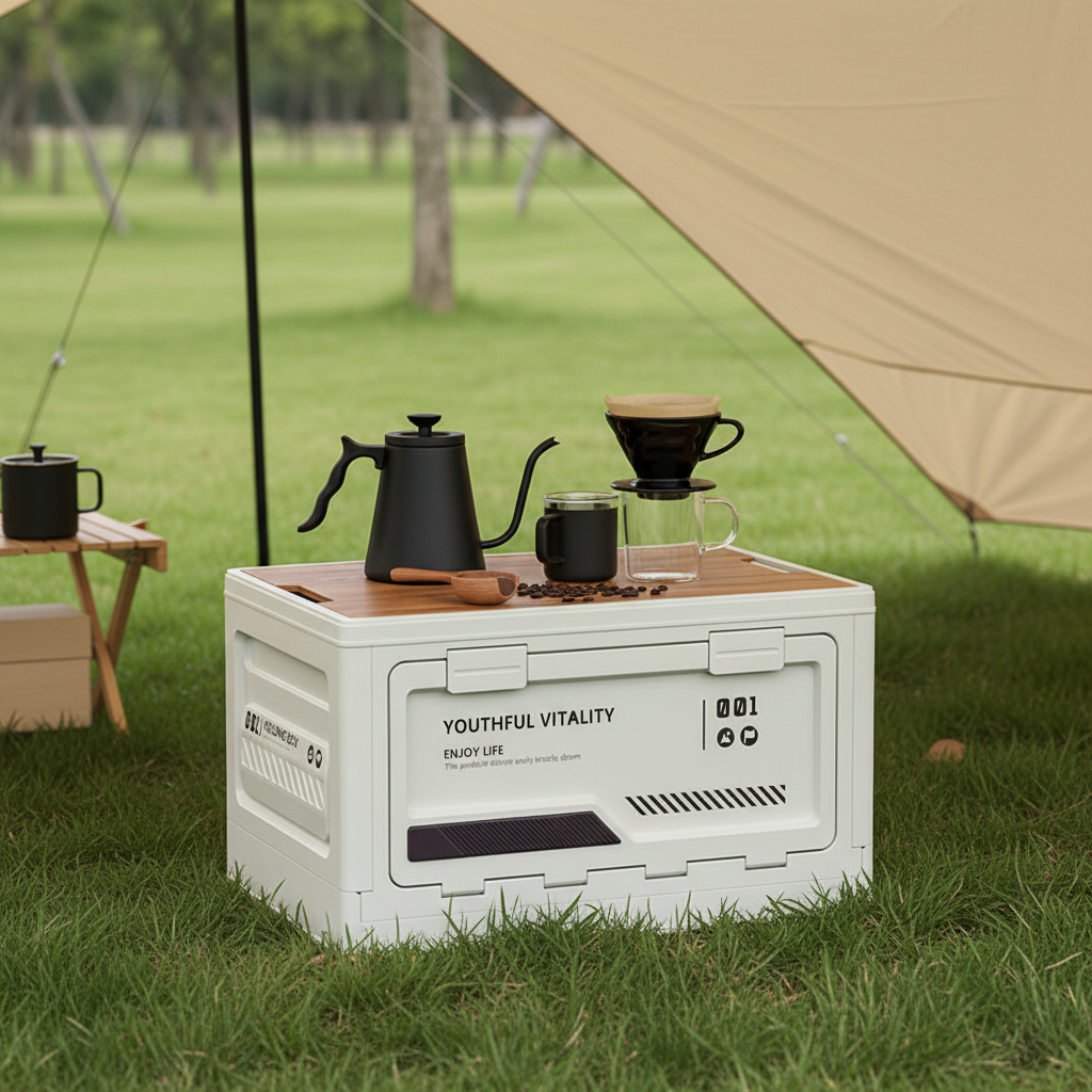 A white foldable storage box (YOUTHFUL VITALITY, ENJOY LIFE) with a wooden board top used as an outdoor table, set on a green lawn beneath a beige canvas canopy tent. The top surface displays a complete pour-over coffee setup including a black gooseneck kettle, a glass coffee mug, a ceramic dripper with coffee cup, scattered coffee beans, and a wooden spoon. A small wooden side table with a black mug is visible in the background.