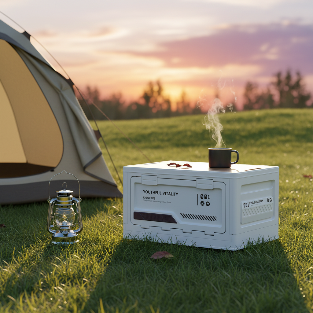 A white foldable storage box (YOUTHFUL VITALITY) on a grassy campsite at sunset, topped with a steaming dark metal mug. A vintage oil lantern sits on the grass nearby, with a beige camping tent and a warm purple-pink sky in the background.