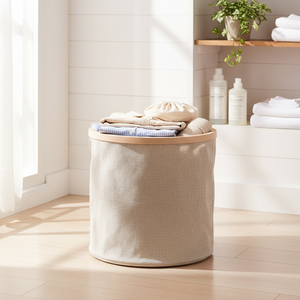 Collapsible wooden ring laundry basket with removable canvas bag, filled with clothes in a bright bathroom.