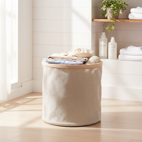 Collapsible wooden ring laundry basket with removable canvas bag, filled with clothes in a bright bathroom.