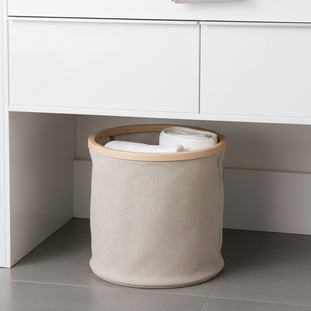 Wooden ring canvas laundry basket holding rolled towels, neatly placed under a white bathroom cabinet on a tiled floor.
