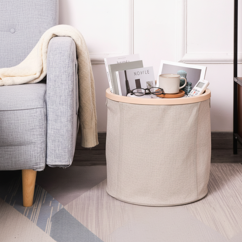Wooden ring canvas storage basket used as a living room organizer, holding magazines, glasses, a mug, and a remote beside a sofa.