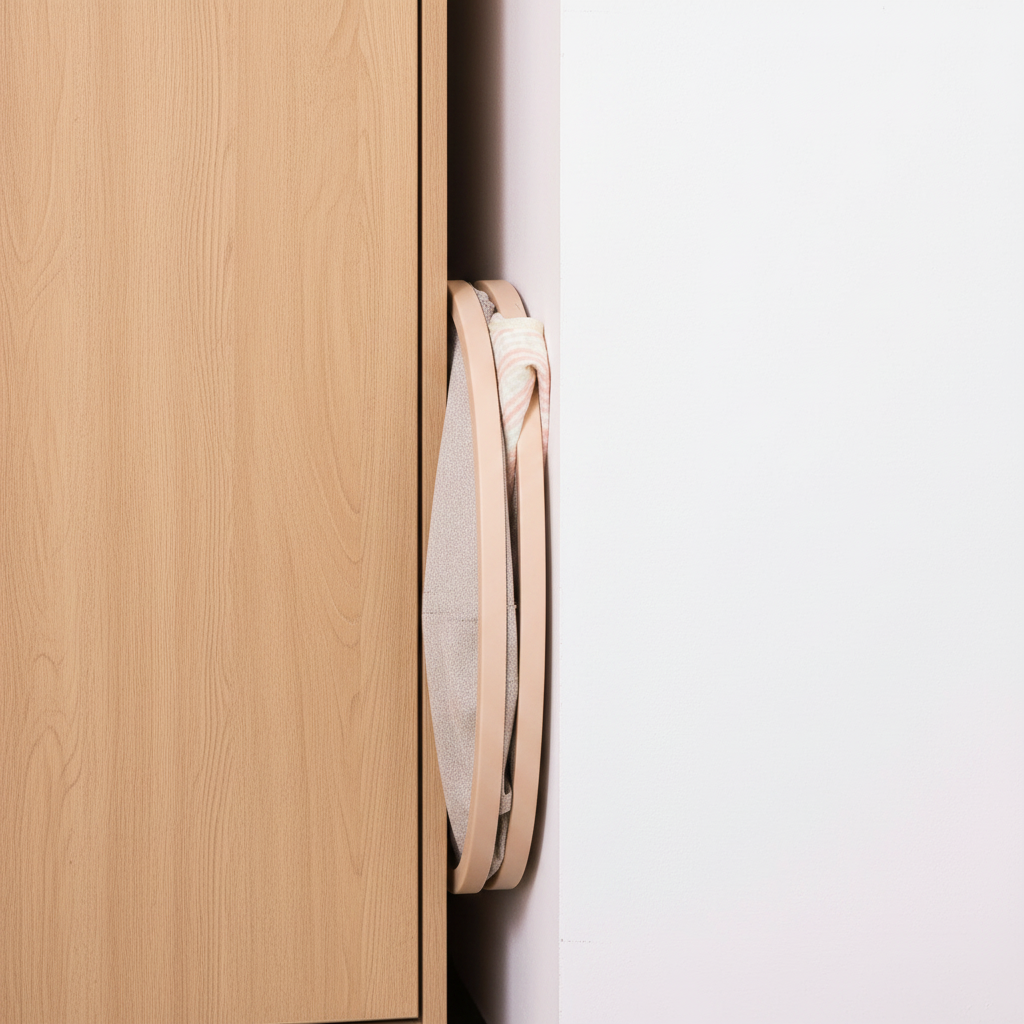 Collapsible wooden ring laundry basket folded flat and stored in a narrow gap between a wooden cabinet and wall.