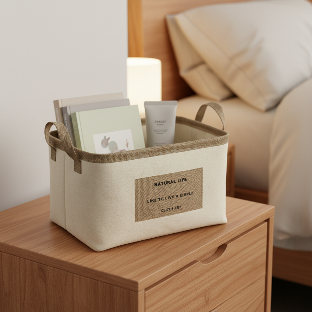 Cotton-linen storage basket holding books and skincare products on a wooden bedside table in a cozy bedroom setting.