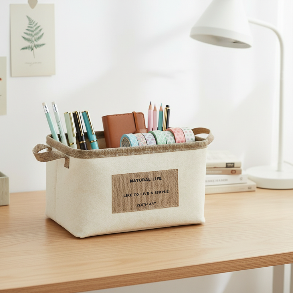 Cotton-linen storage basket organizing pens, washi tape, and a wallet on a wooden desk beside a white lamp.