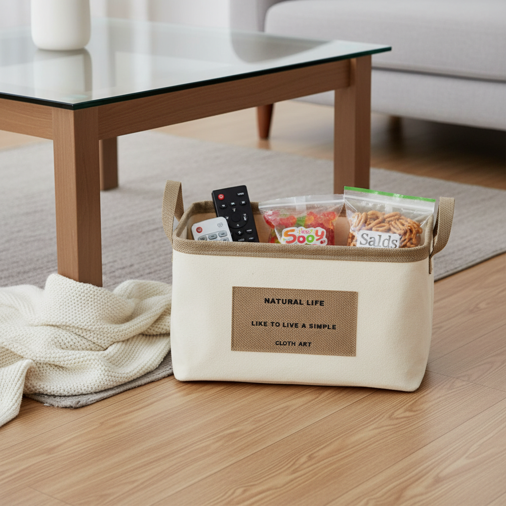 Cotton-linen storage basket holding remotes and snack bags on a living room floor beside a glass coffee table.