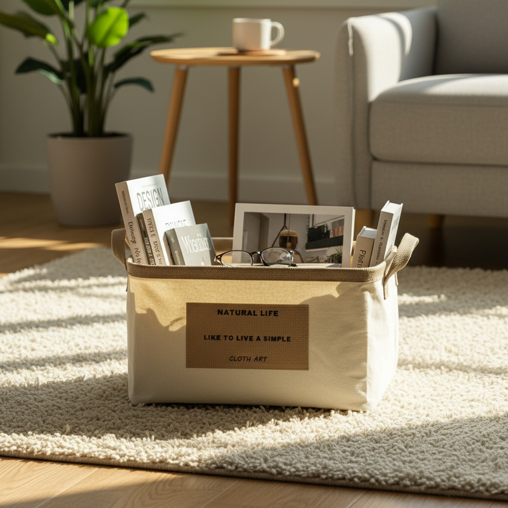 Cotton-linen storage basket filled with books and glasses on a white rug in a sunlit living room with plants.