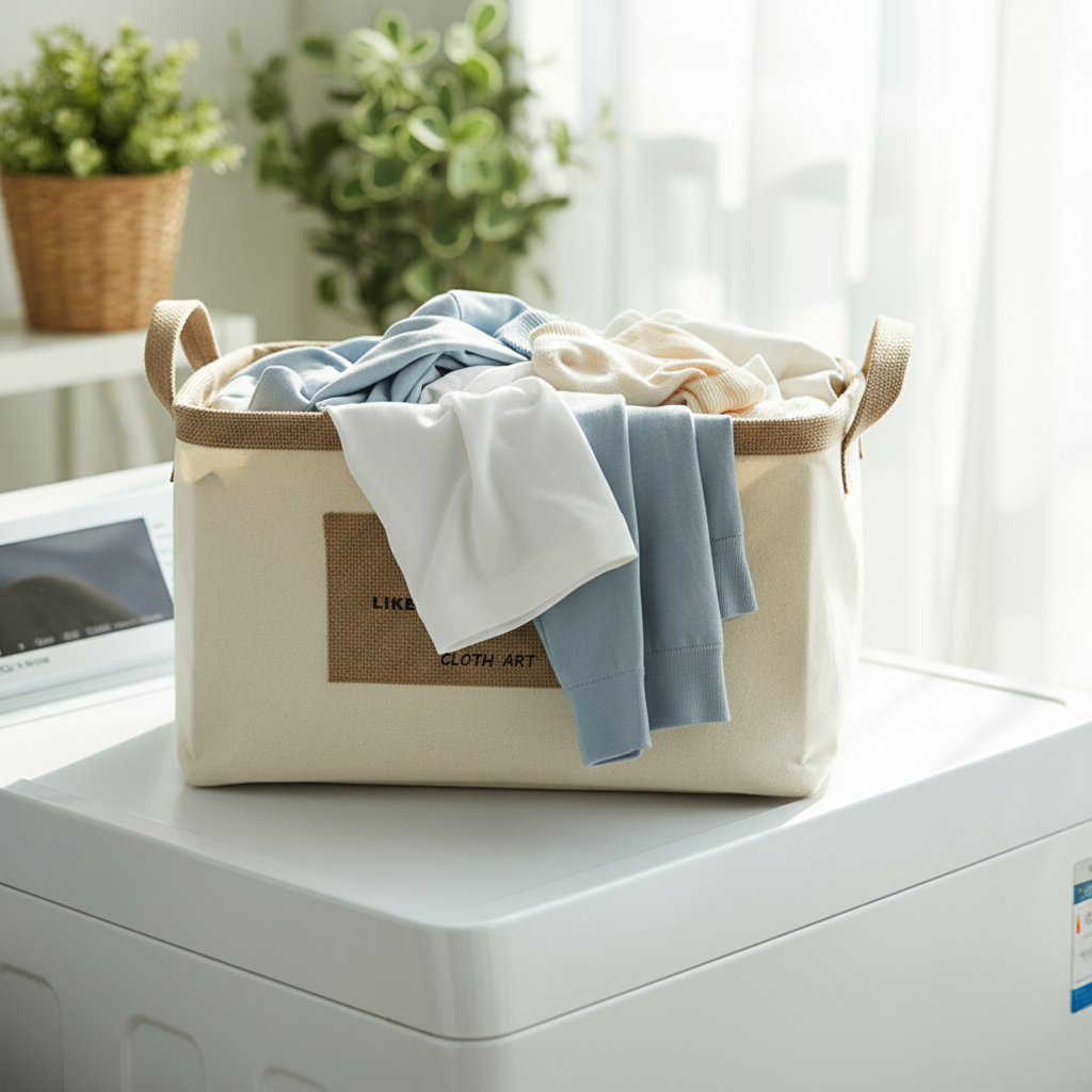 Cotton-linen laundry basket filled with clothes placed on top of a washing machine in a bright laundry room.