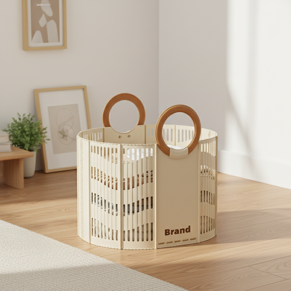 Beige foldable storage basket with round plastic handles, placed on a wooden floor in a bright minimalist living room setting.
