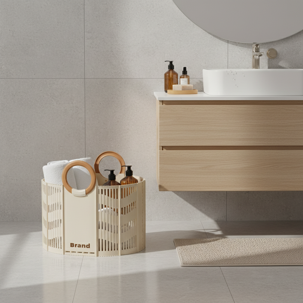 Beige foldable storage basket with round plastic handles, holding towels and soap bottles, placed on a bathroom floor beside a wooden vanity.