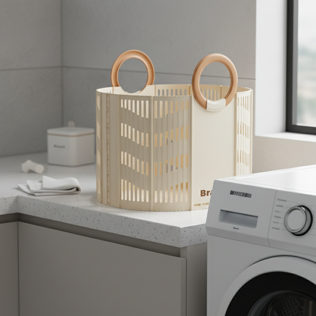Beige foldable storage basket with round plastic handles, placed on a laundry room countertop beside a washing machine and folded cloth.