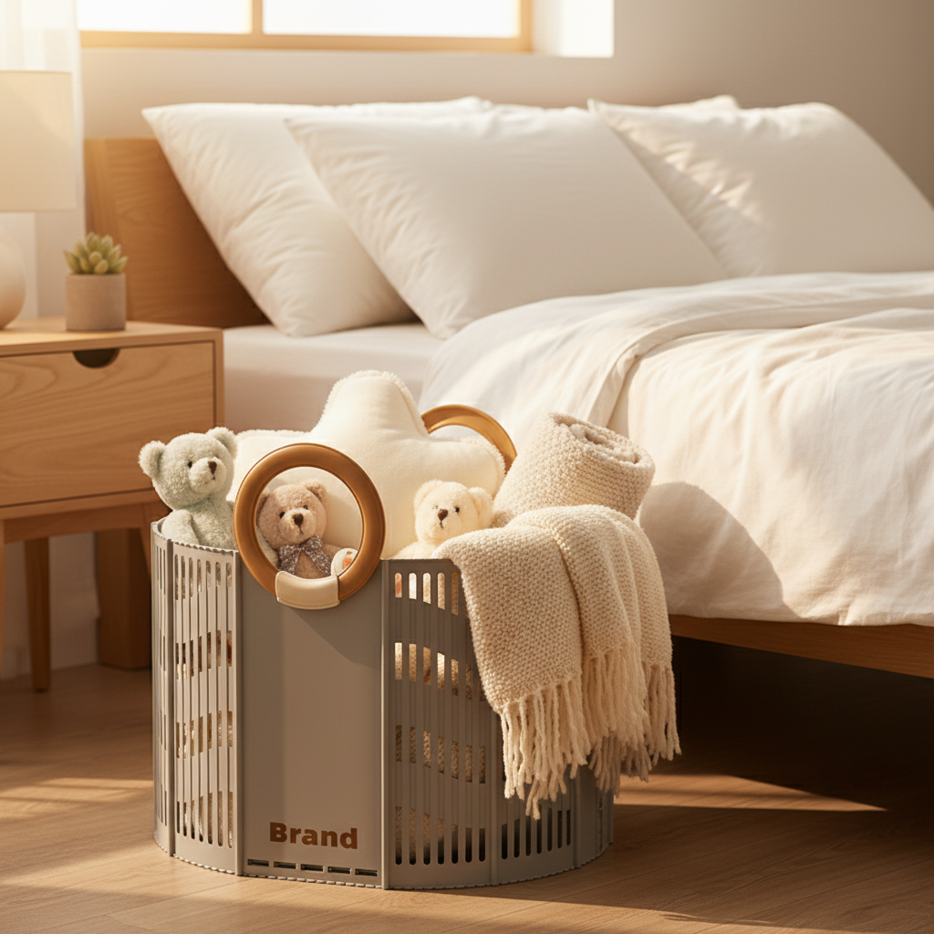 Grey foldable storage basket with round plastic handles, holding teddy bears and a knit blanket, placed on a bedroom floor beside a bed.