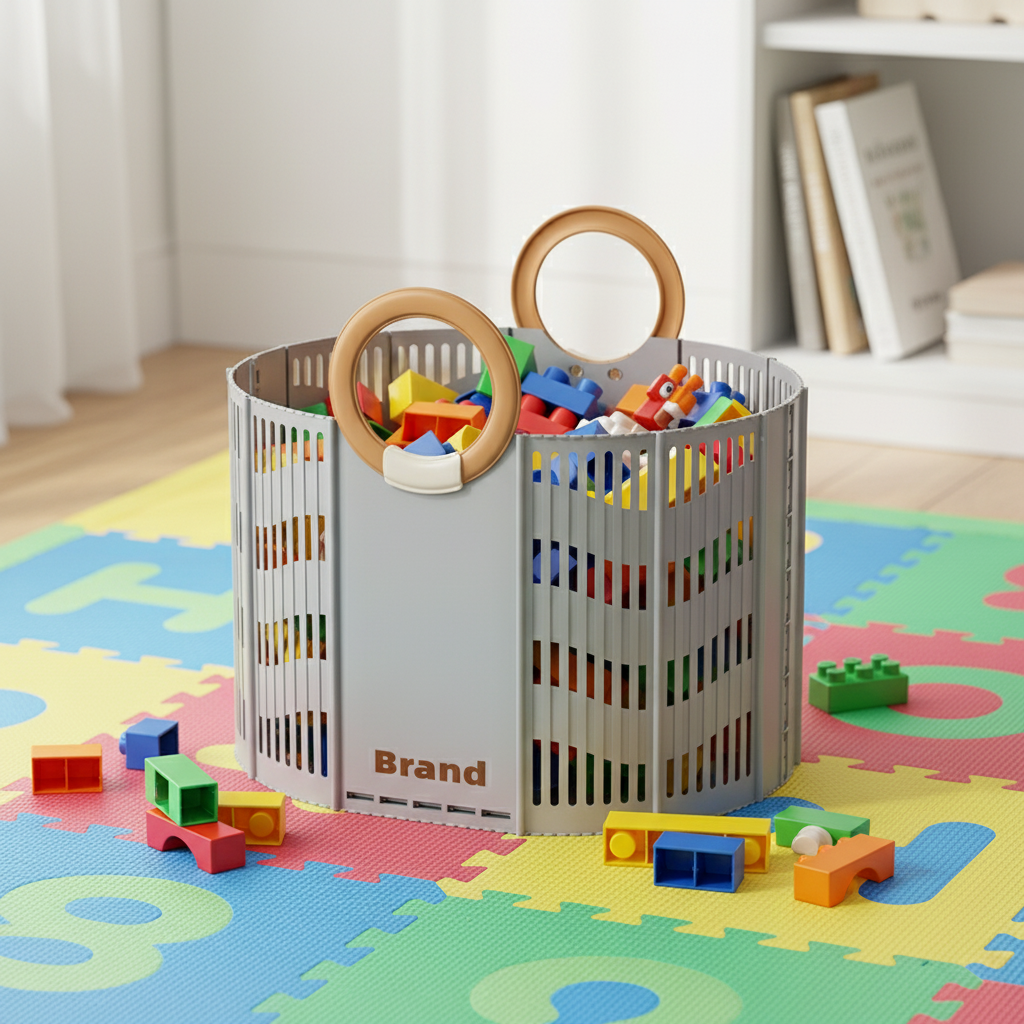 Grey foldable storage basket with round plastic handles, filled with colorful building blocks, placed on a kids' foam puzzle play mat.