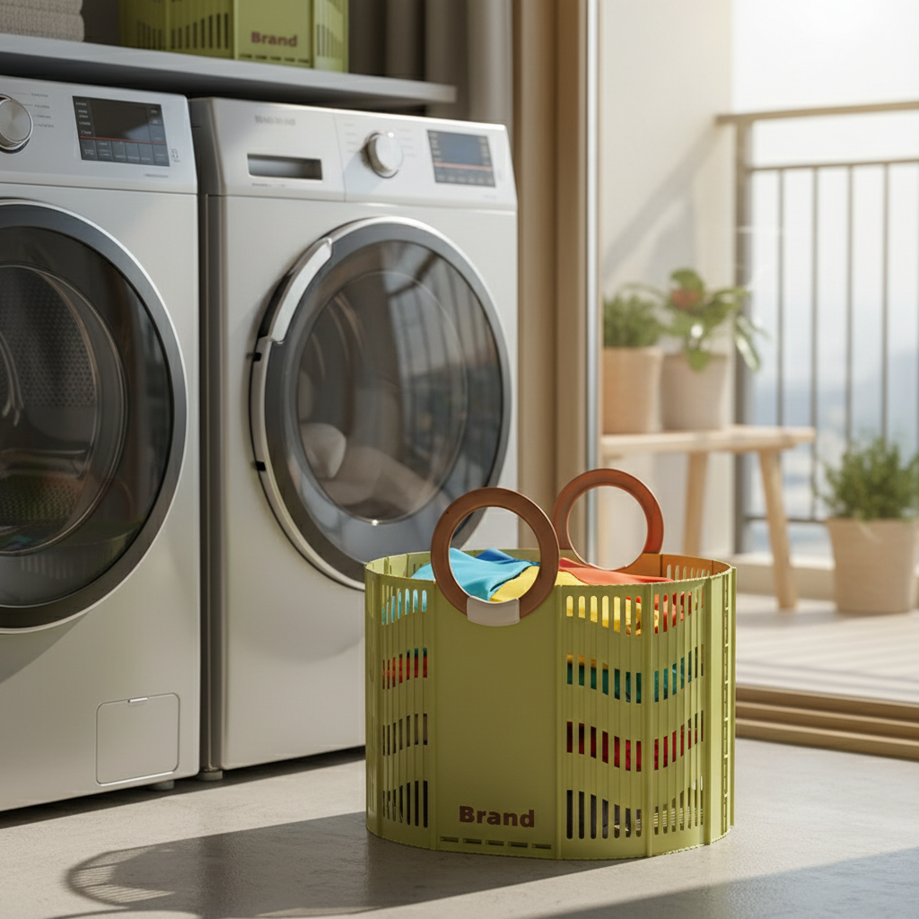 Green foldable storage basket with round plastic handles, filled with colorful laundry, placed on the floor in front of a washing machine.