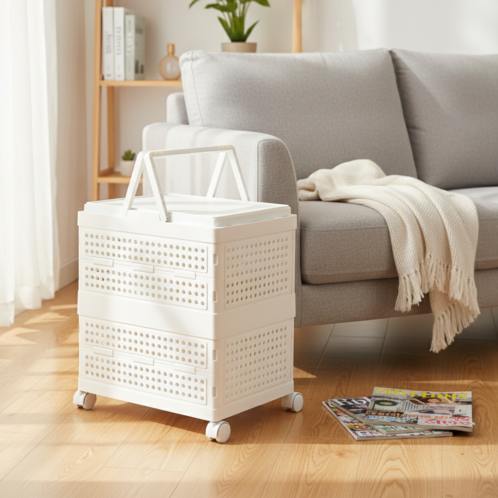 White foldable rolling storage cart with lid and handle, placed beside a gray sofa in a bright modern living room with magazines.