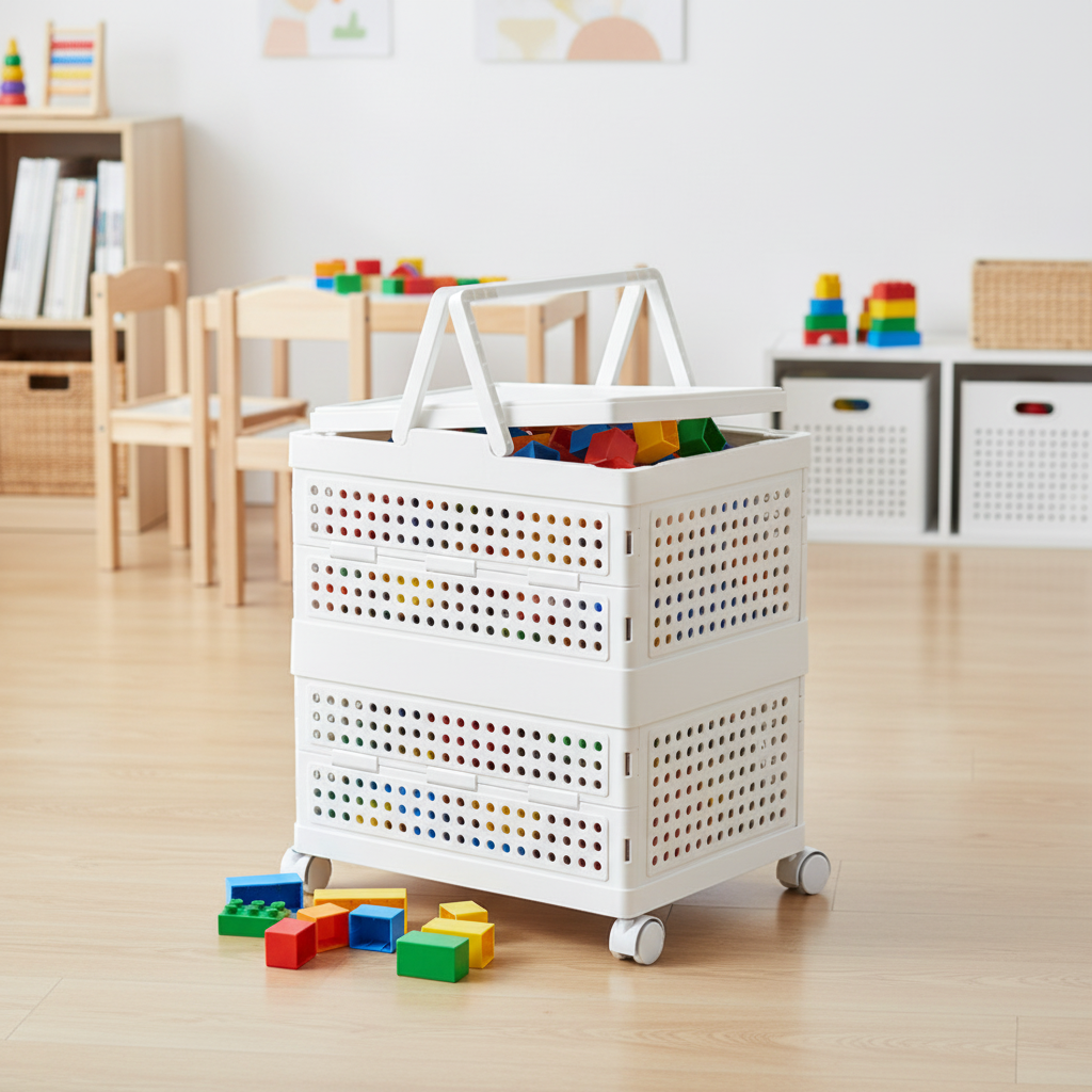 Foldable white rolling storage cart with open lid, filled with colorful toy blocks, on wheels in a bright children's playroom.