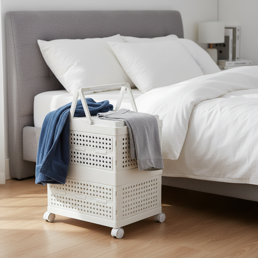 White foldable rolling laundry cart with handle, holding blue and gray towels, placed beside a bed in a clean modern bedroom.