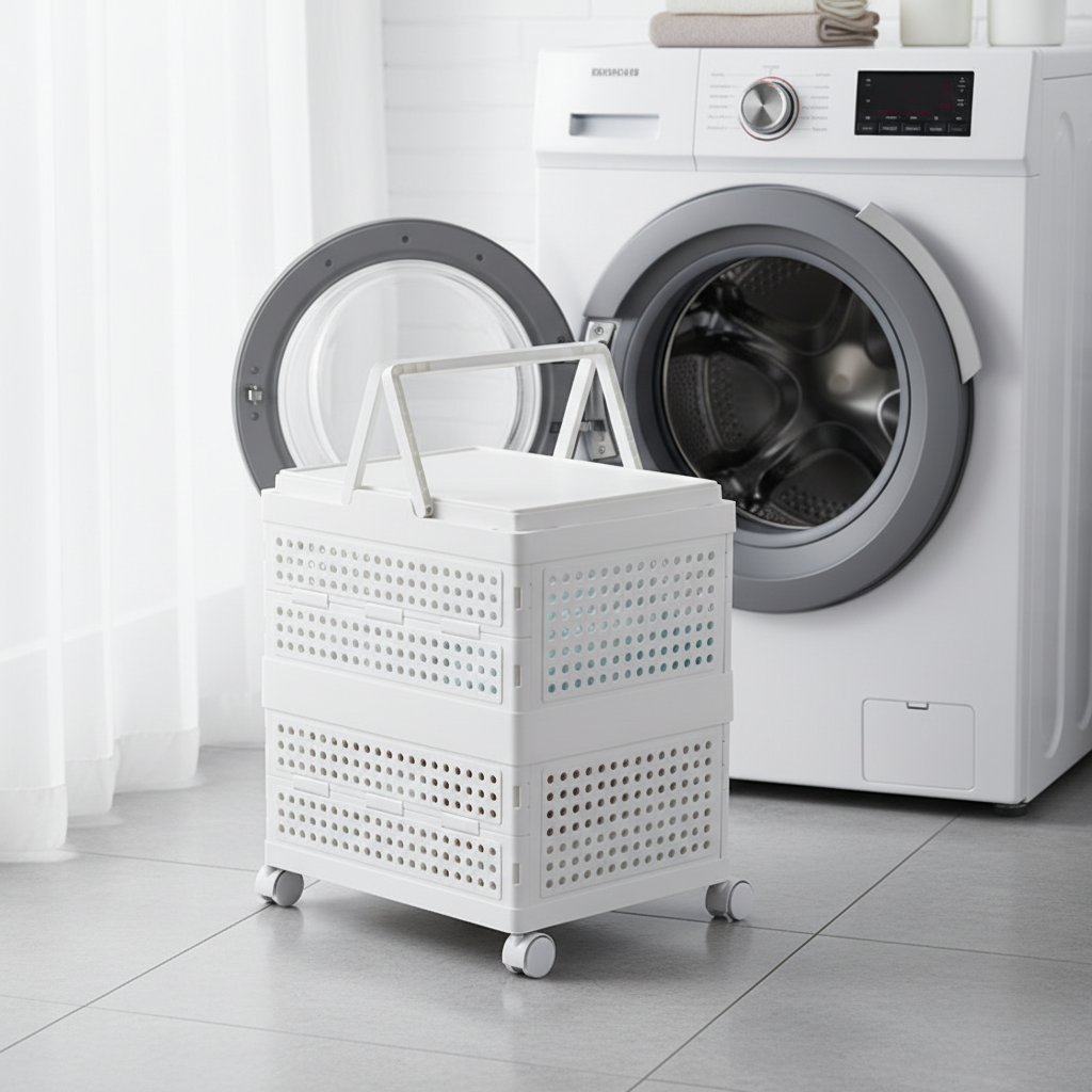 White foldable rolling storage cart with lid and handle, positioned next to an open front-load washing machine in a laundry room.