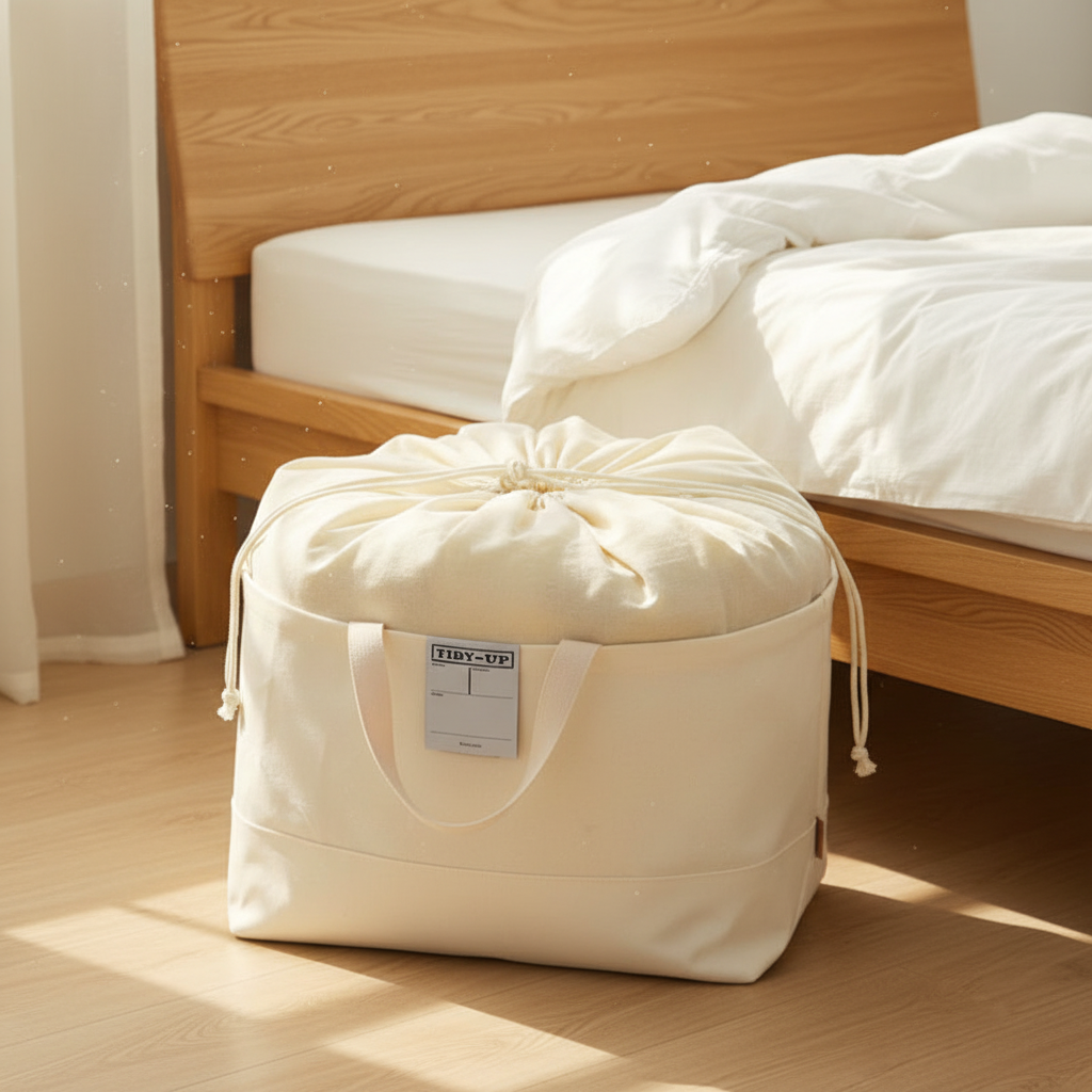 Large cream canvas drawstring storage bag filled with bedding, placed beside a wooden bed in a bright, minimal bedroom.