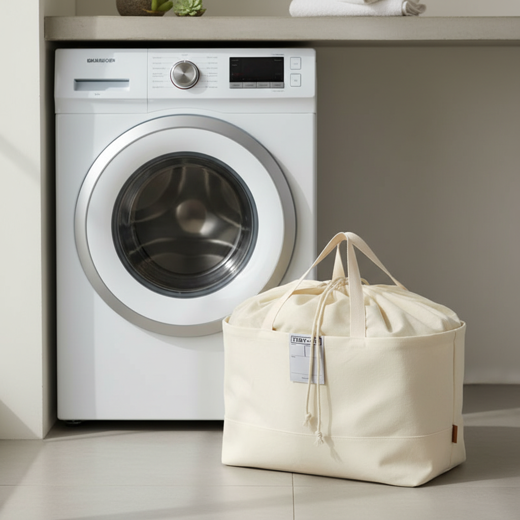 Cream canvas drawstring storage bag with carry handles placed in front of a washing machine in a clean laundry room.