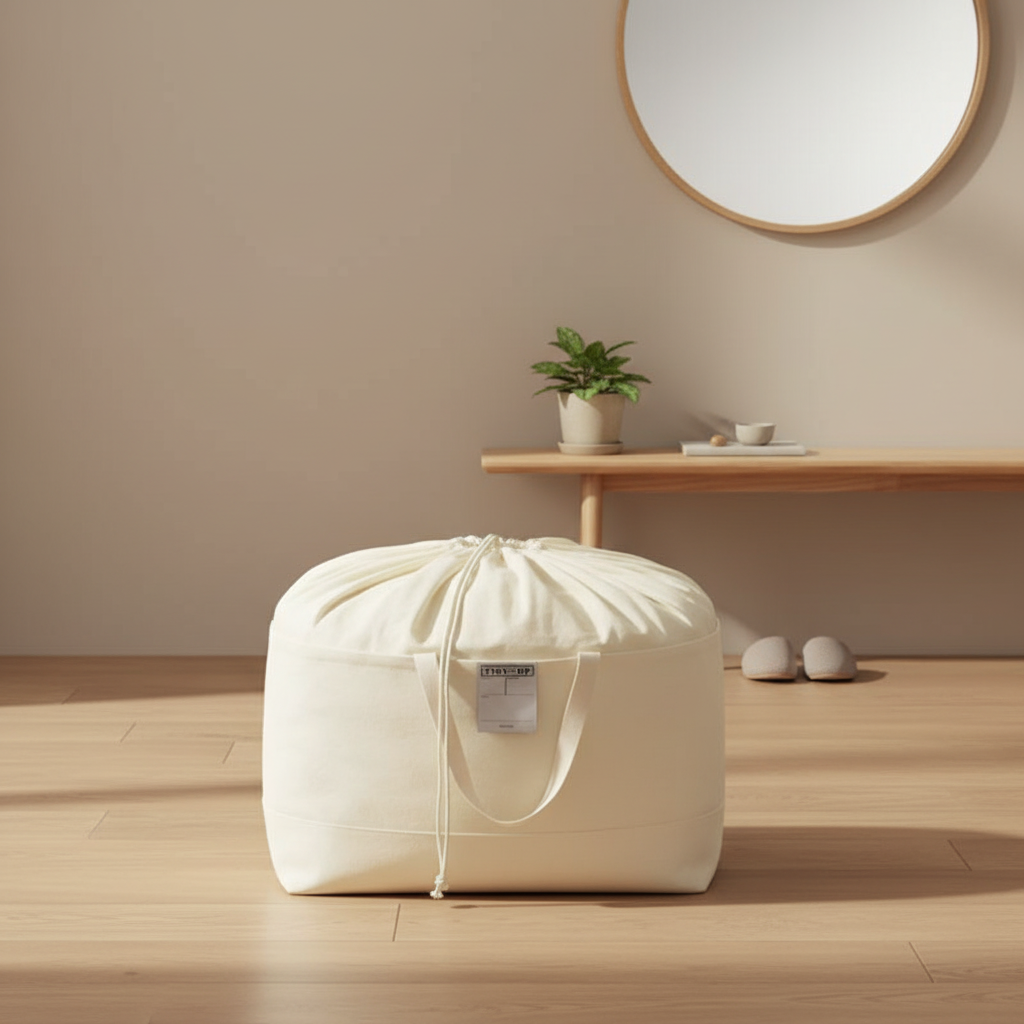 Full cream canvas drawstring storage bag on a wooden floor in a minimal room with a round mirror and small potted plant.