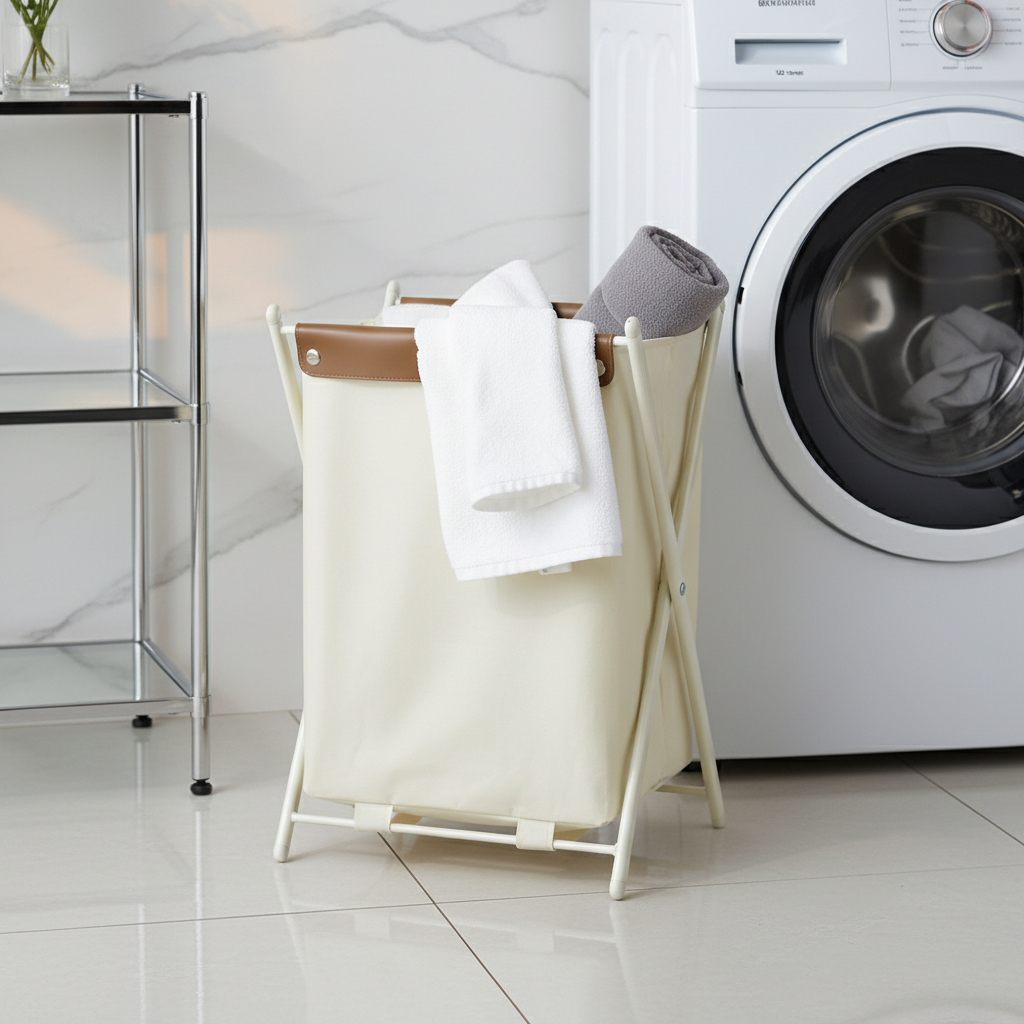 Cream canvas laundry hamper with tan leather trim next to a washing machine, holding white and grey towels in a modern laundry room.