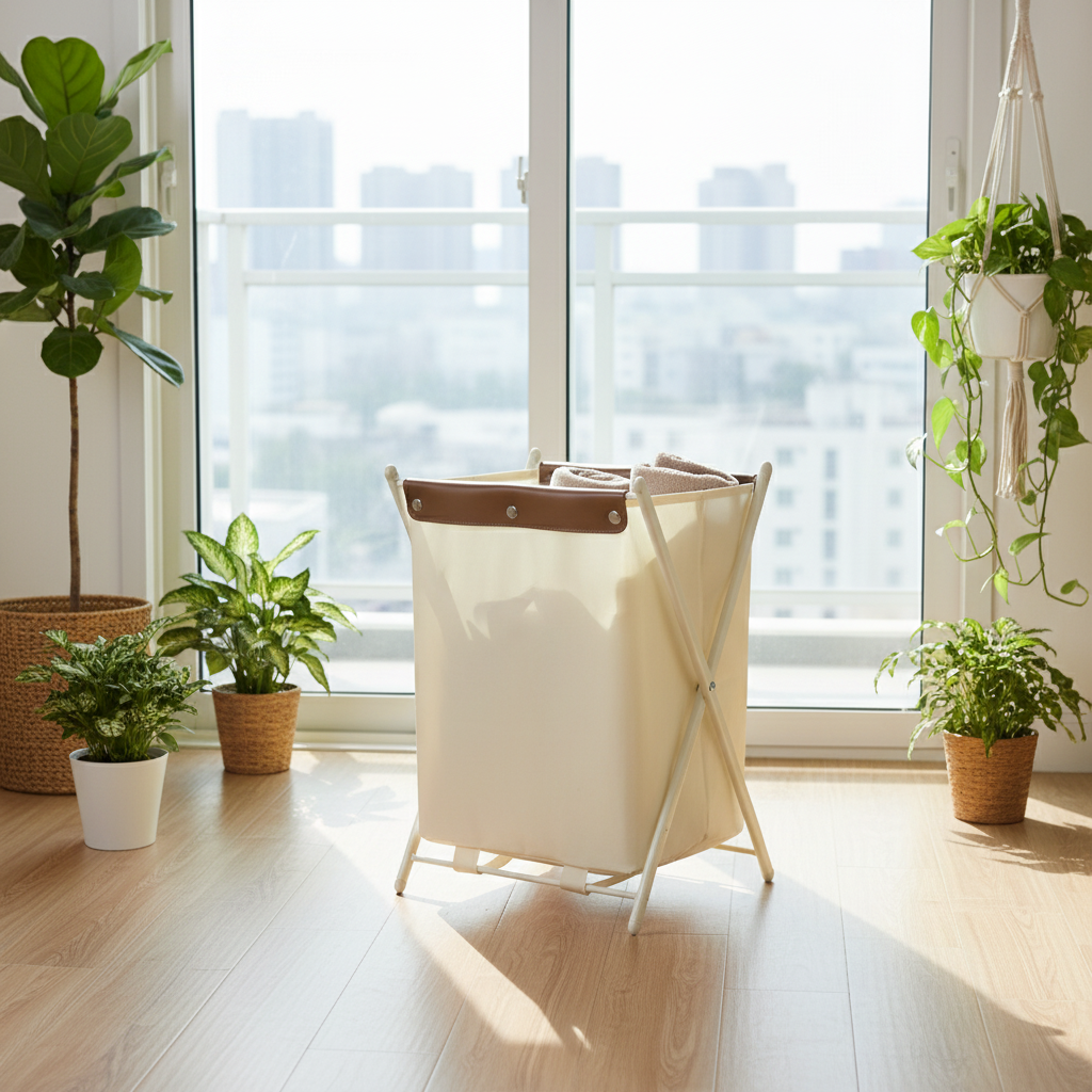 Cream canvas laundry hamper with tan leather trim on a sunny wood floor, surrounded by green indoor plants with a city view backdrop.