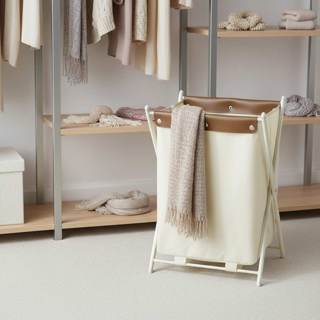 Cream canvas laundry hamper with tan leather trim in a walk-in closet, draped with a knit scarf among neatly organized clothing shelves.