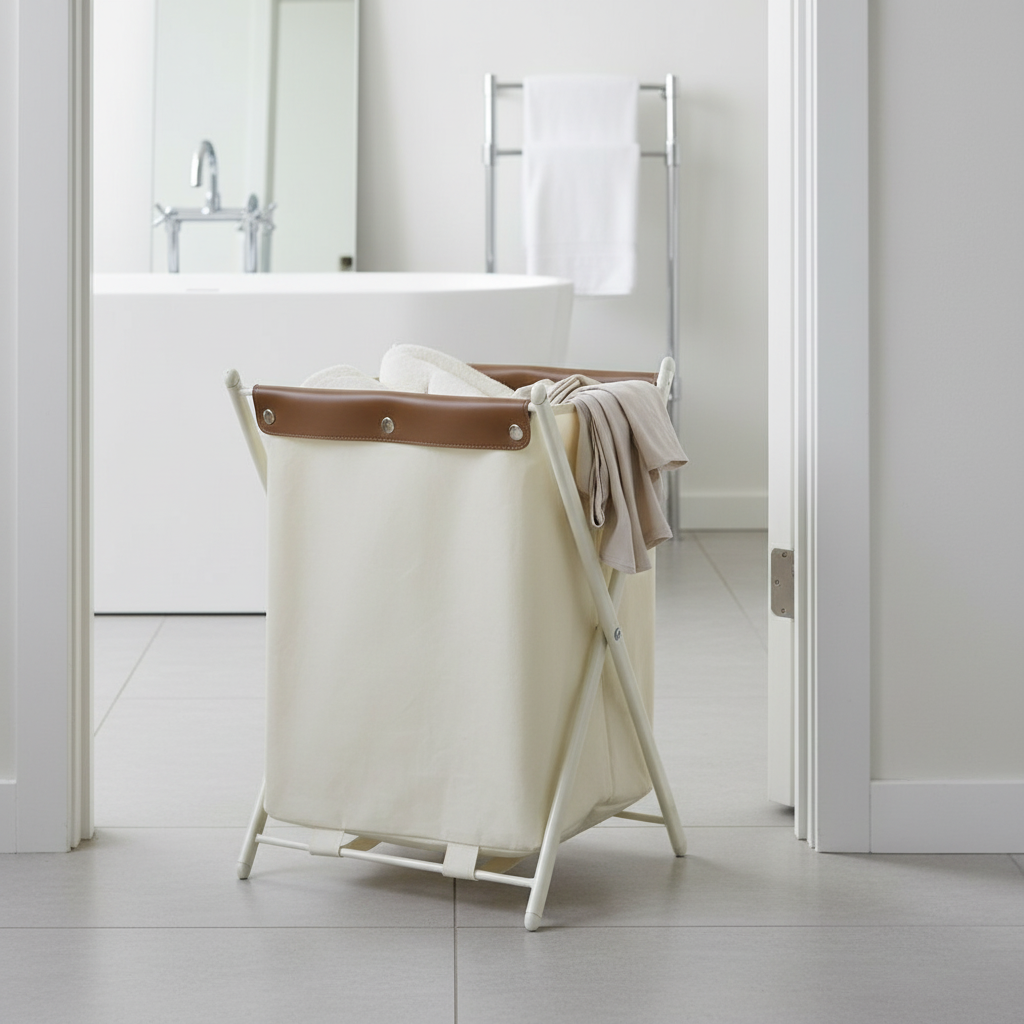 Cream canvas laundry hamper with tan leather trim placed in a bathroom doorway, filled with light-colored towels and linens.