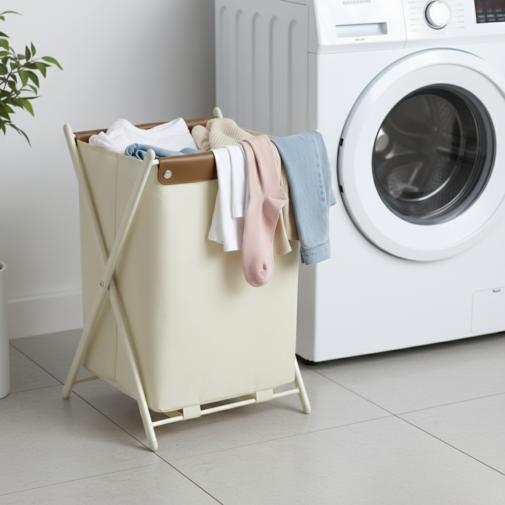Cream canvas laundry hamper with tan leather trim overflowing with colorful clothes beside a washing machine in a bright laundry room.