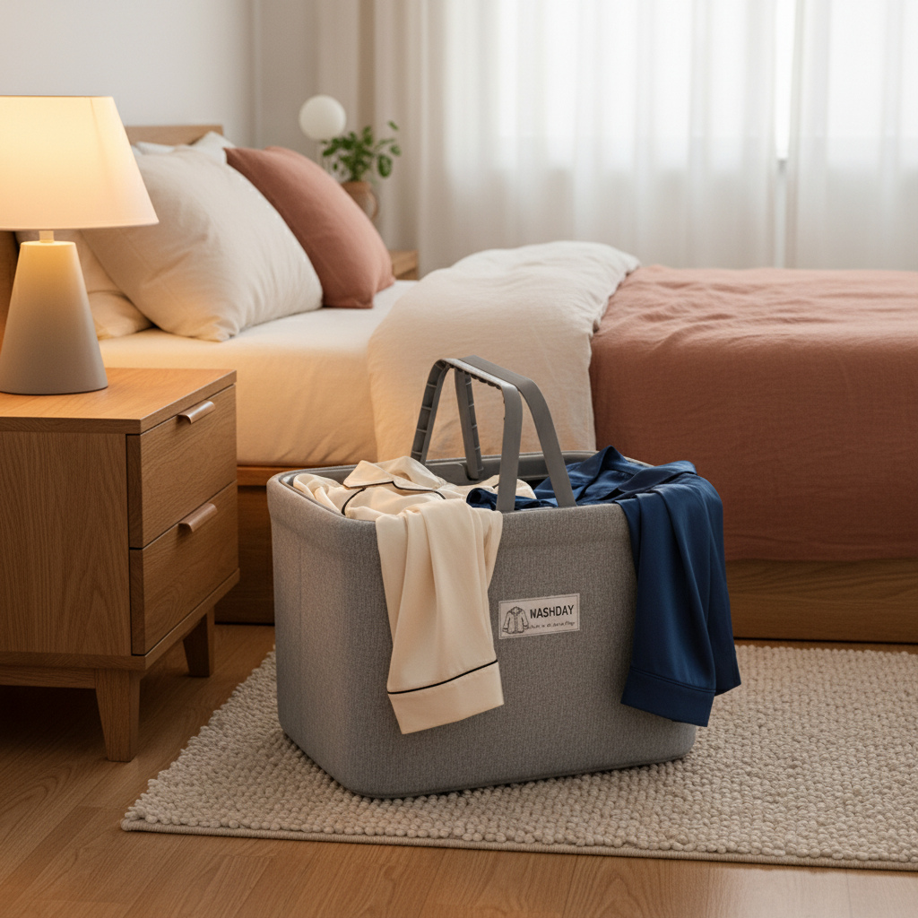 Washday grey laundry basket with handles in a cozy bedroom, overflowing with clothes beside a bed.