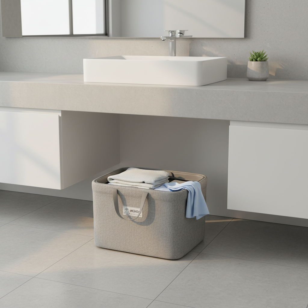 Washday beige fabric laundry basket with handles holding towels under a bathroom sink.