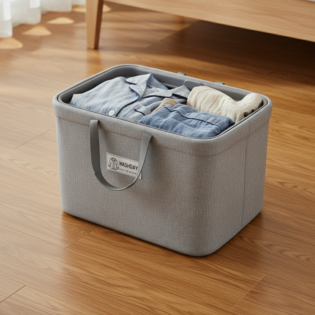 Washday grey fabric storage basket with sturdy handles, neatly holding folded clothes on wooden floor.