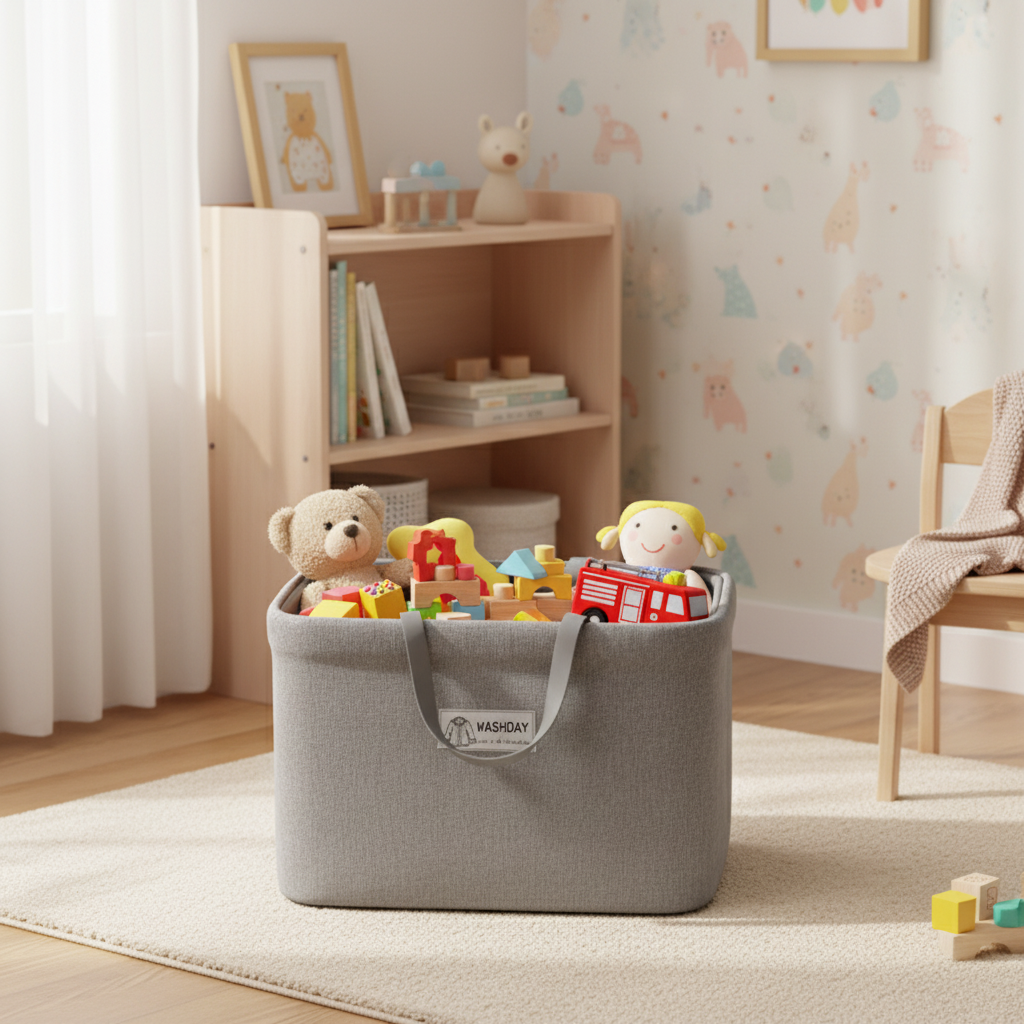 Washday grey fabric storage basket filled with toys and stuffed animals in a kids' playroom.