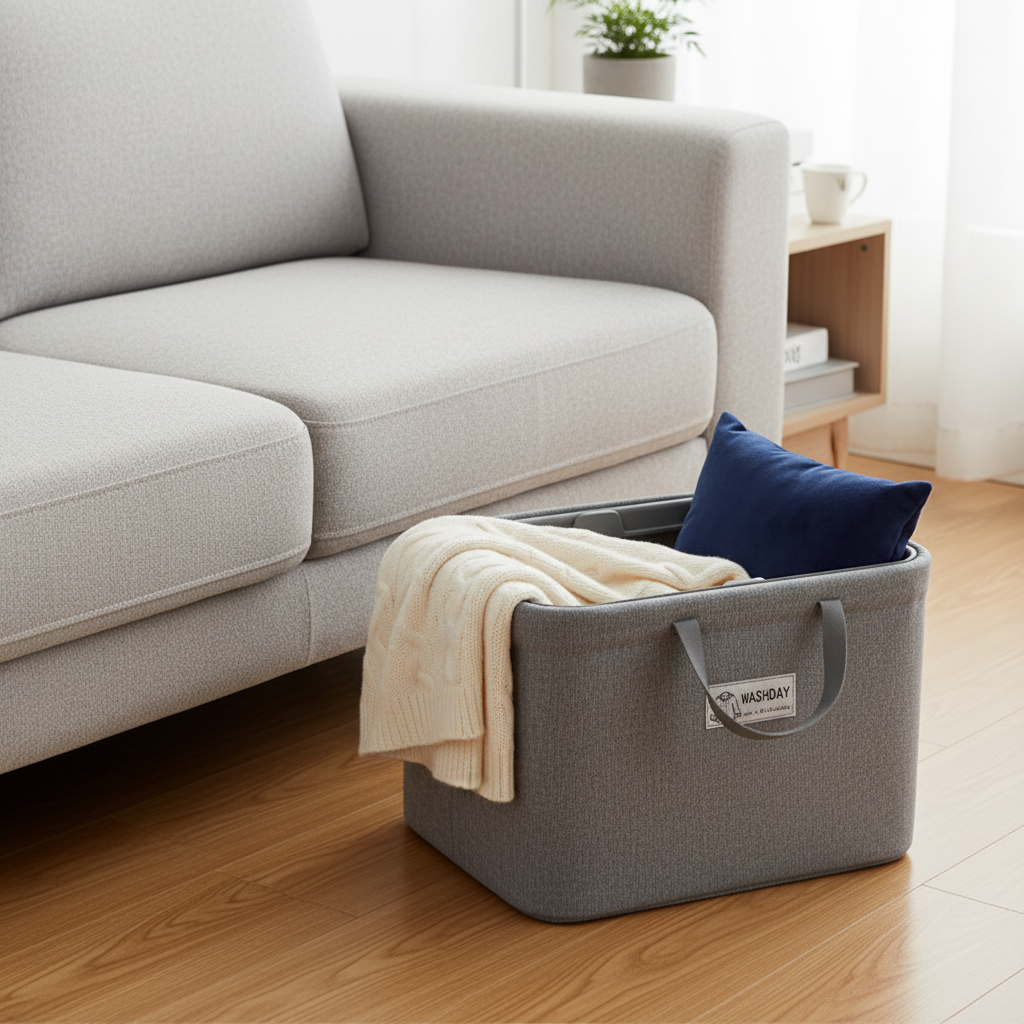 Washday grey storage basket with handles holding a cream blanket and navy cushion beside a sofa.