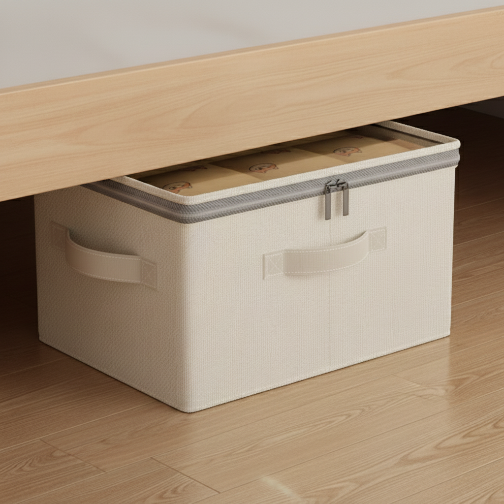 "Cream linen-cotton storage box with clear zip lid and handles, stored neatly under bed.